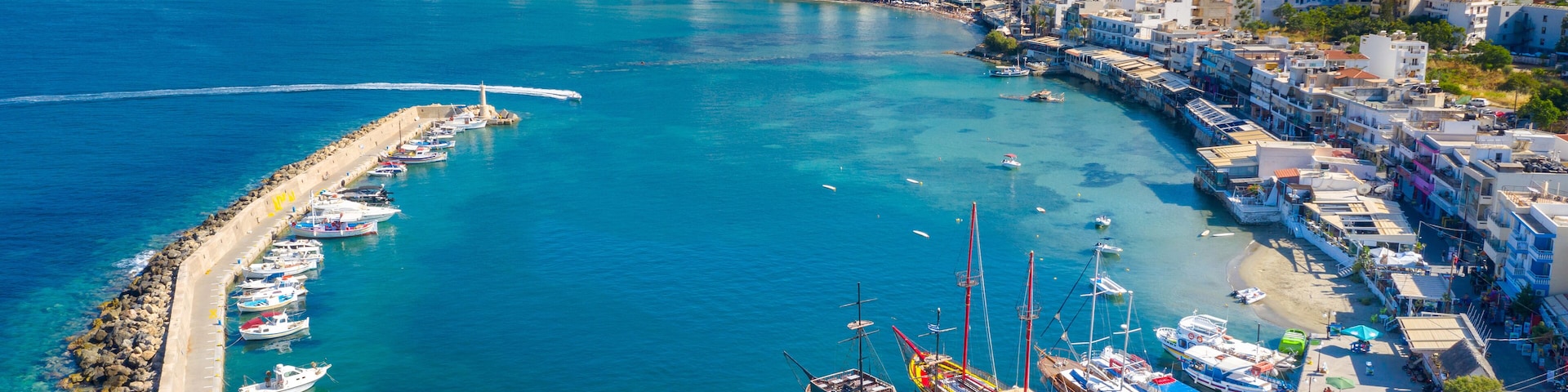 Aerial view of the harbor of the famous resort Chersonissos, Crete, Greece