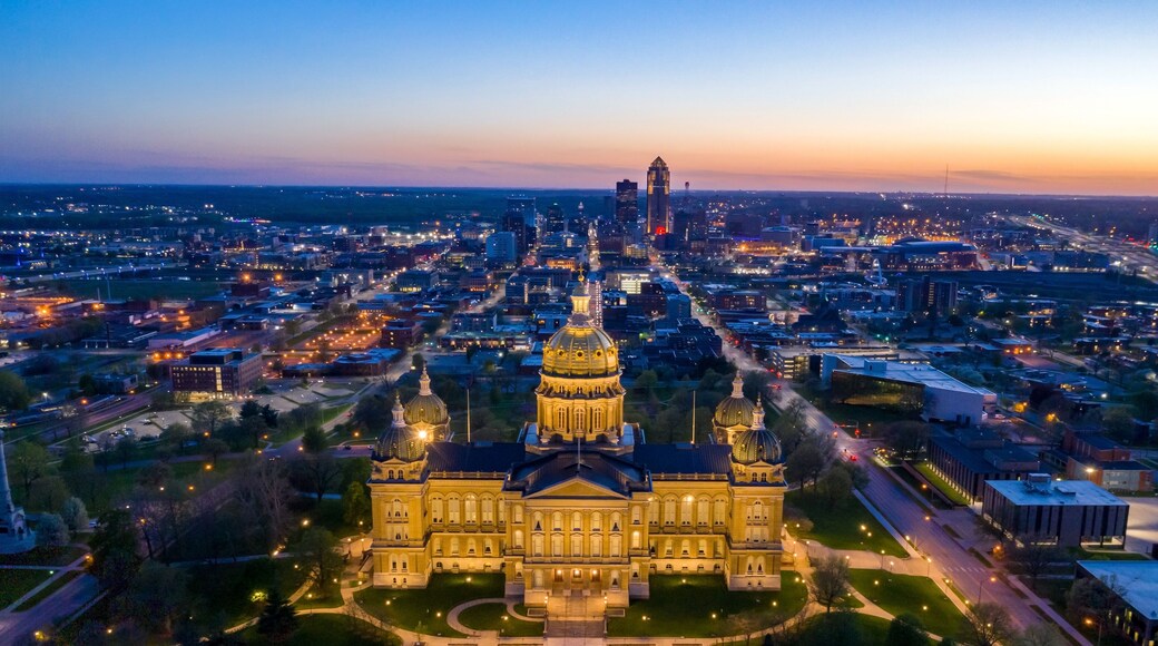 Aerial view of the Iowa State Capitol Building at Sunset with the Downtown Skyline Behind