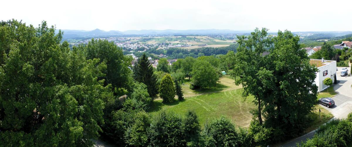 A lush green landscape with a town in the valley below.