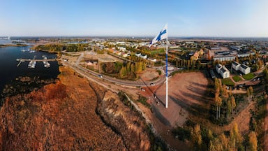 An aerial view of a coastal town with a marina, a large flag, and autumn-colored trees.