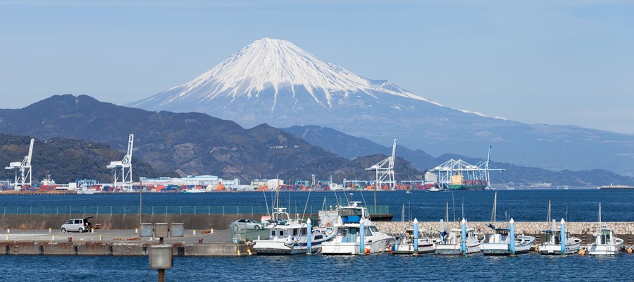 Shizuoka harbor with Mount Fuji in the background, Japan