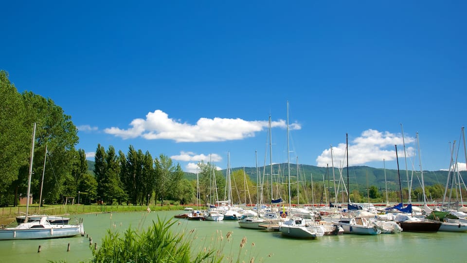 A marina with various boats docked, surrounded by lush greenery and mountains in the background.