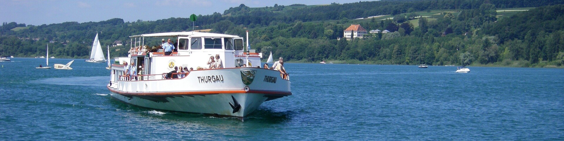 MS Thurgau arrives at Steckborn (Switzerland).