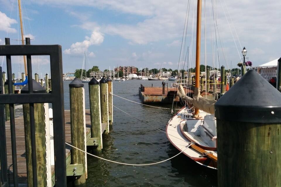 A marina with boats docked, wooden pilings, and a clear sky.