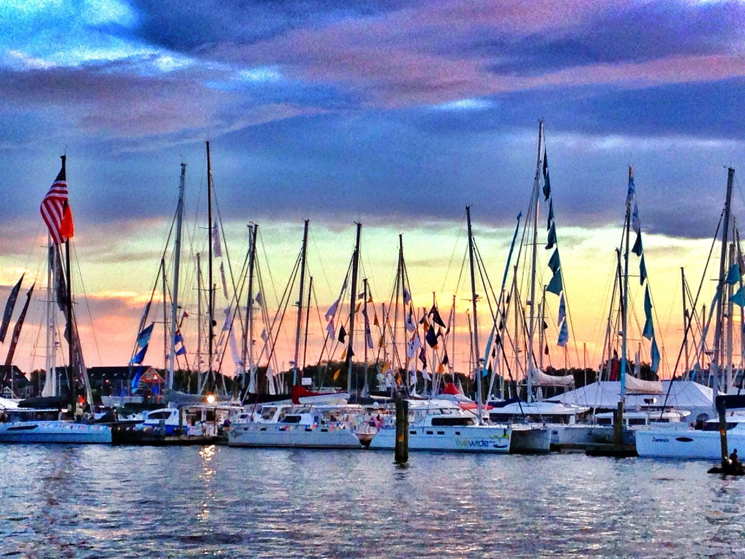 View of the annual sailboat show taking over downtown Annapolis from the US Naval Academy.