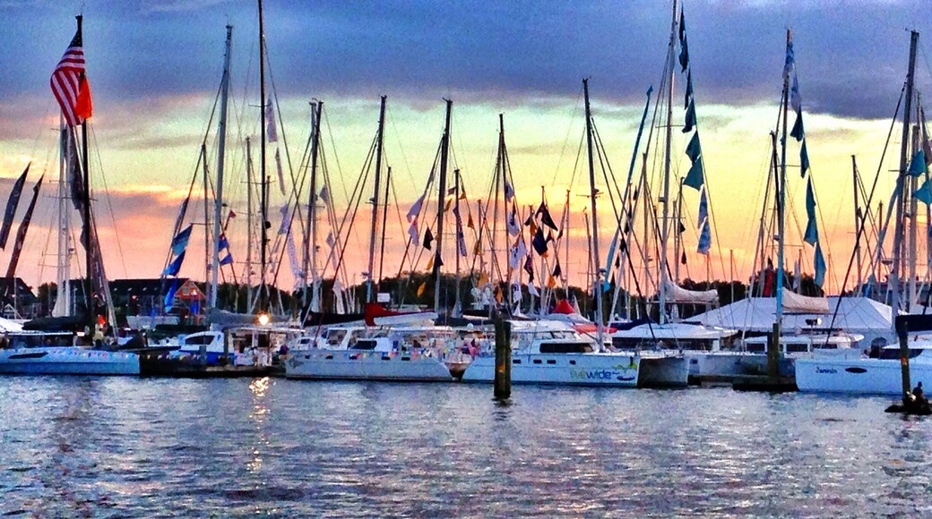 View of the annual sailboat show taking over downtown Annapolis from the US Naval Academy.