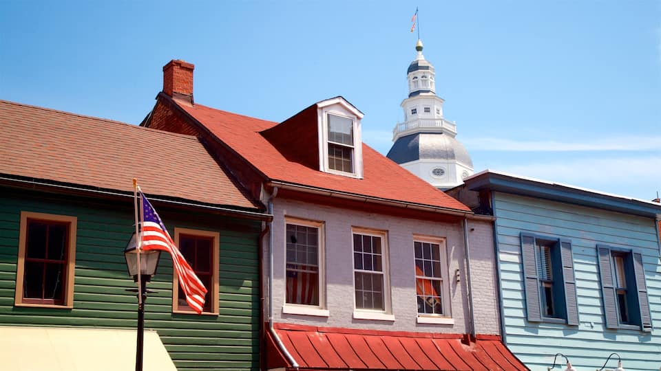 A row of historic buildings with a prominent steeple and American flag.