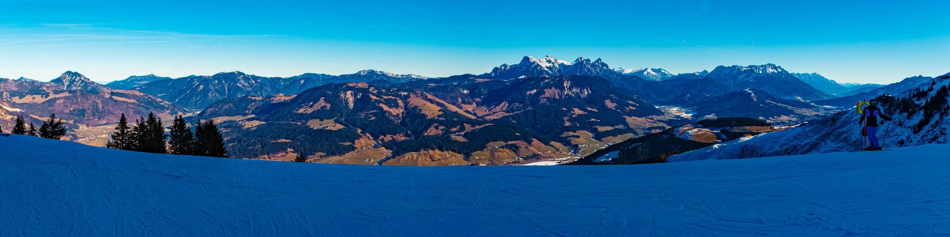 High resolution stitched alpine winter panorama at Mount Harschbichl, Sankt Johann in Tirol, Kitzbuehel, Tyrol, Austria