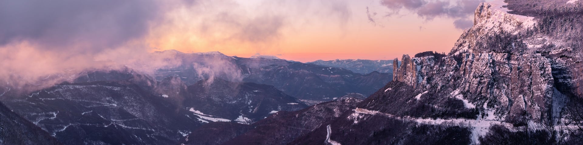 French winter landscapes. Panoramic view of mountain peaks and canyons. Vercors Regional Natural Park.