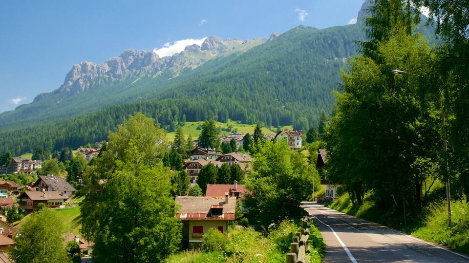 A mountain village with houses and a road.
