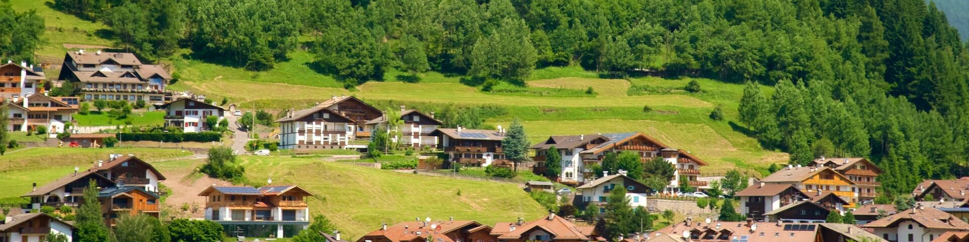 A village with traditional houses nestled in a valley, surrounded by lush green forests and towering mountains.