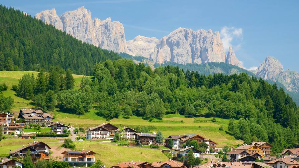 A village with traditional houses nestled in a valley, surrounded by lush green forests and towering mountains.
