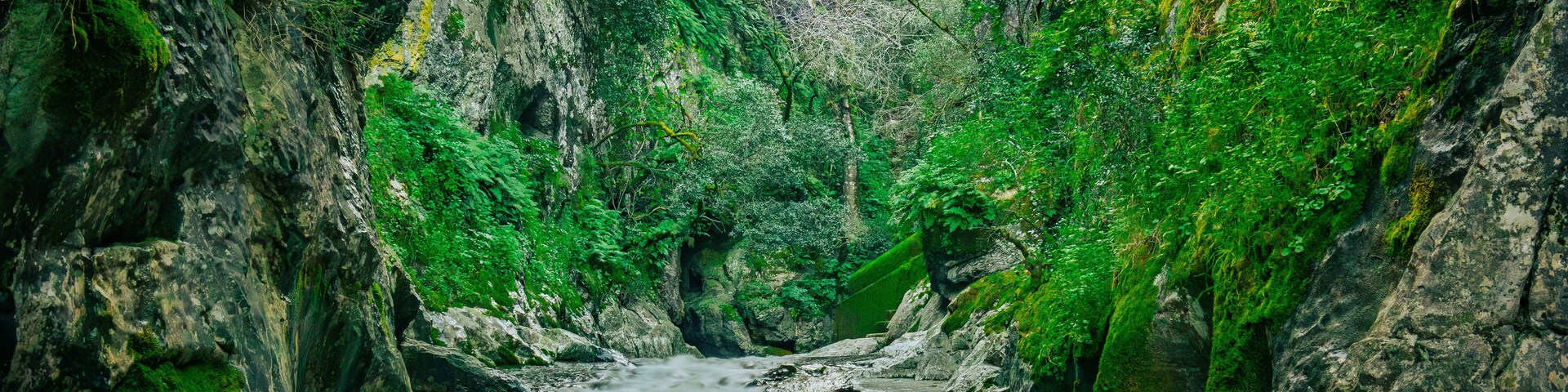 Mountain gorge with caves and little river from the portuguese touristic site of Olhos de Agua - Alviela - Alcanena