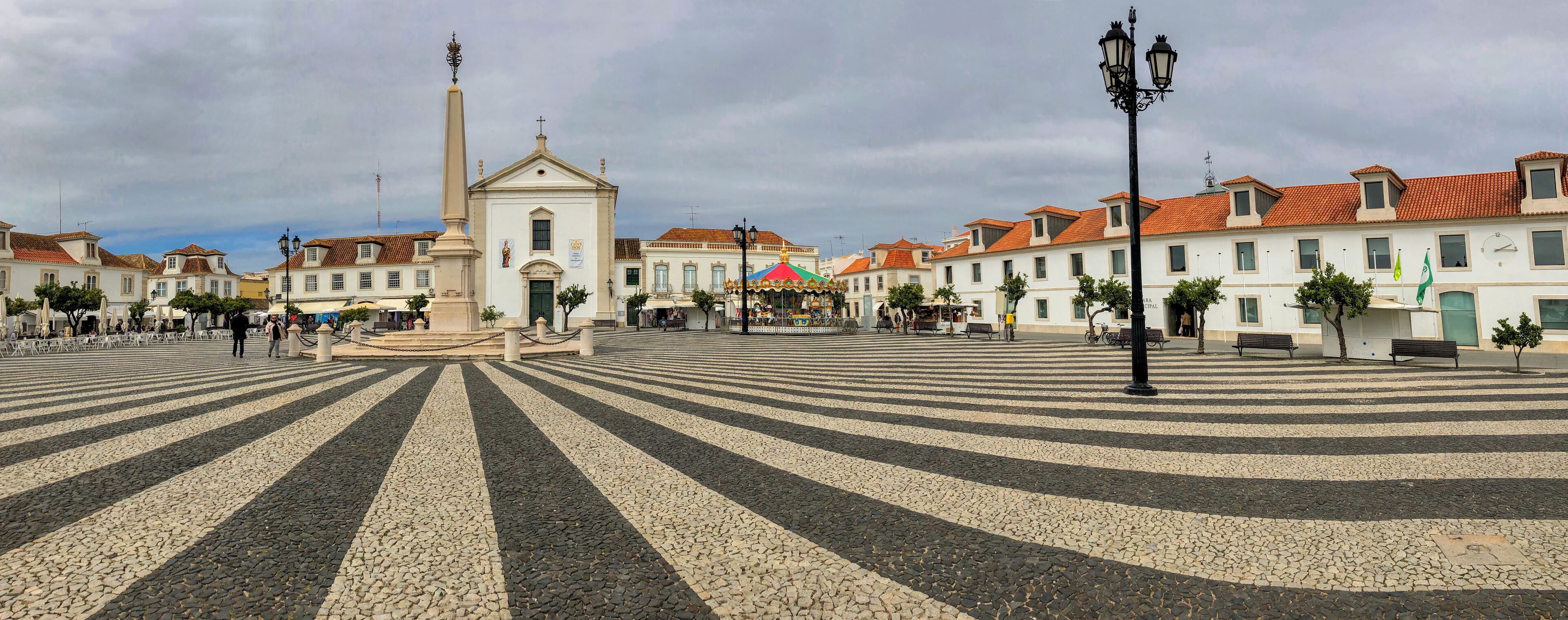 High resolution panoramic view of Marques de Pombal square in picturesque Vila Real de Santo Antonio, southern Portugal.
