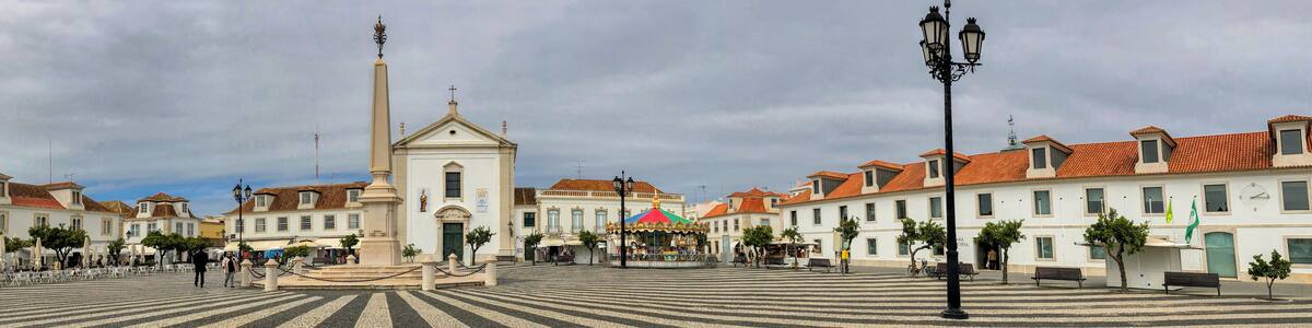 High resolution panoramic view of Marques de Pombal square in picturesque Vila Real de Santo Antonio, southern Portugal.