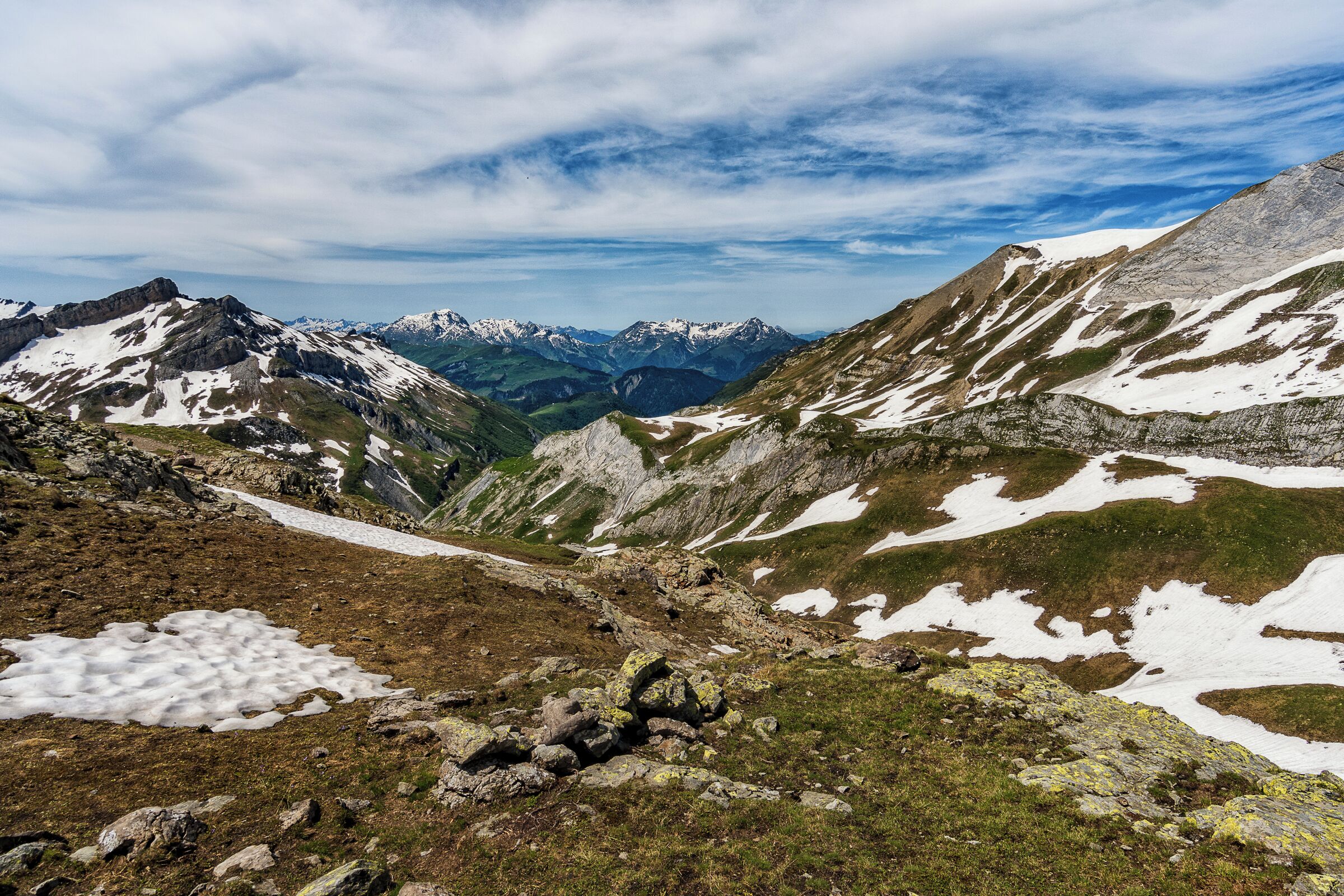Looking out from the Col de la Croix du Bonhomme on the Tour du Mont Blanc trail. You reach here, at 2479 metres, after one of the tougher climbs on the main TMB trail. In late June, the trail up was still covered in large snow patches.