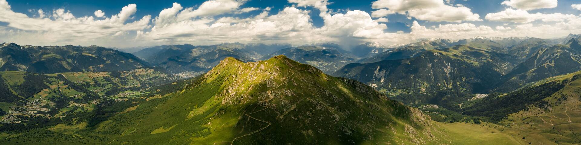 Panoramic drone view of the french Alps in Valmorel France