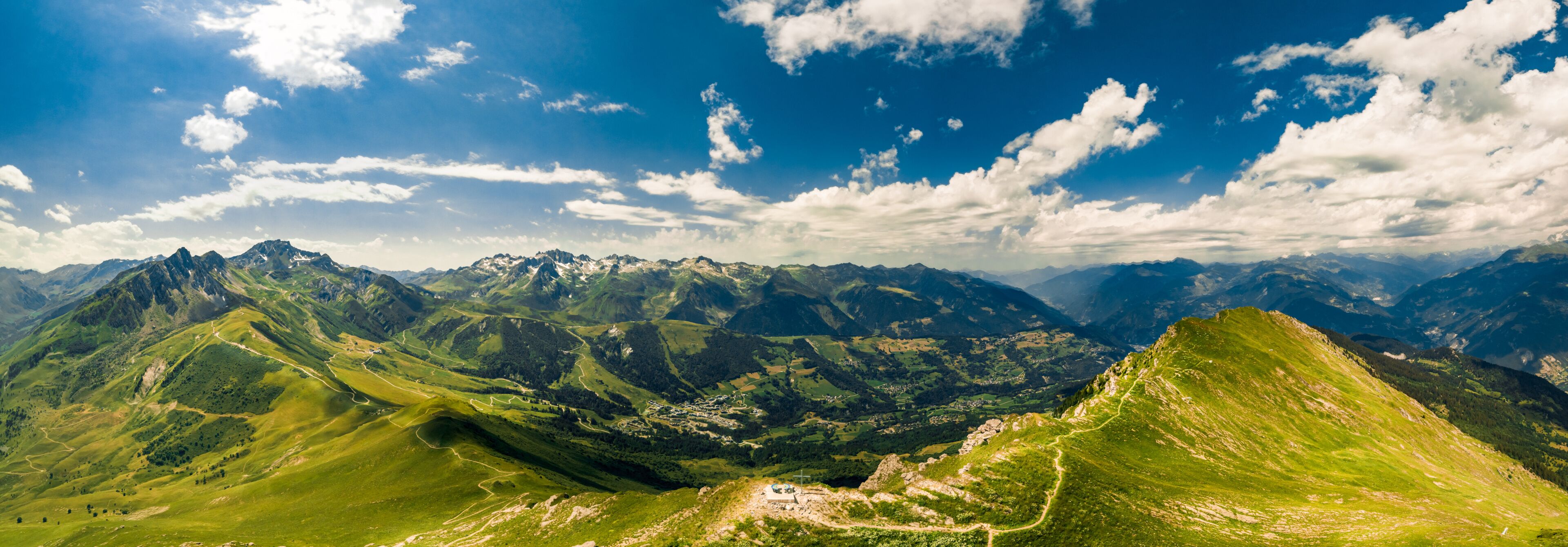 Panoramic drone view of the french Alps in Valmorel France