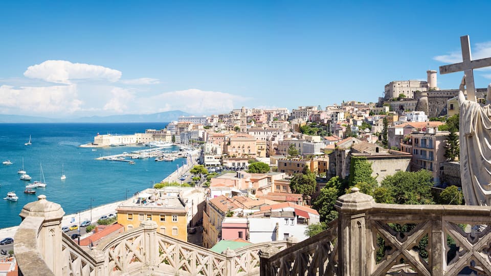 Panoramic landscape of the city of Gaeta and the coastline from the basilica of San Francesco D’Assisi. Italy