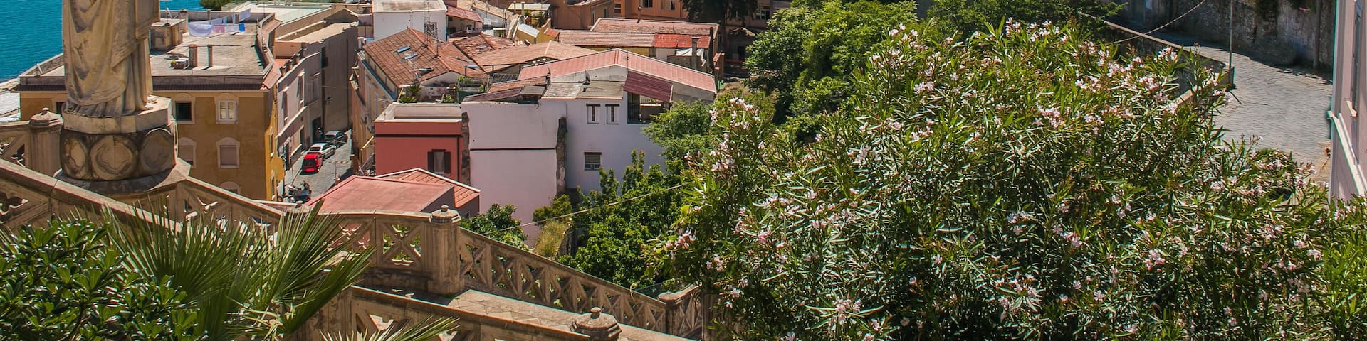 P80EGR Aerial view of beautiful coastal town gaeta . famous landmarks of italy, lazio