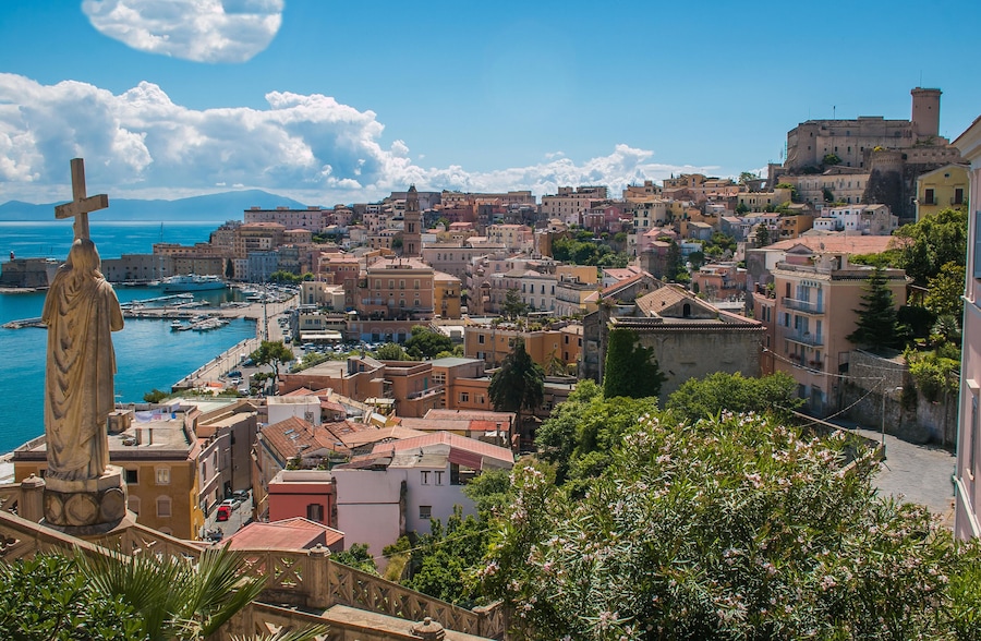 P80EGR Aerial view of beautiful coastal town gaeta . famous landmarks of italy, lazio