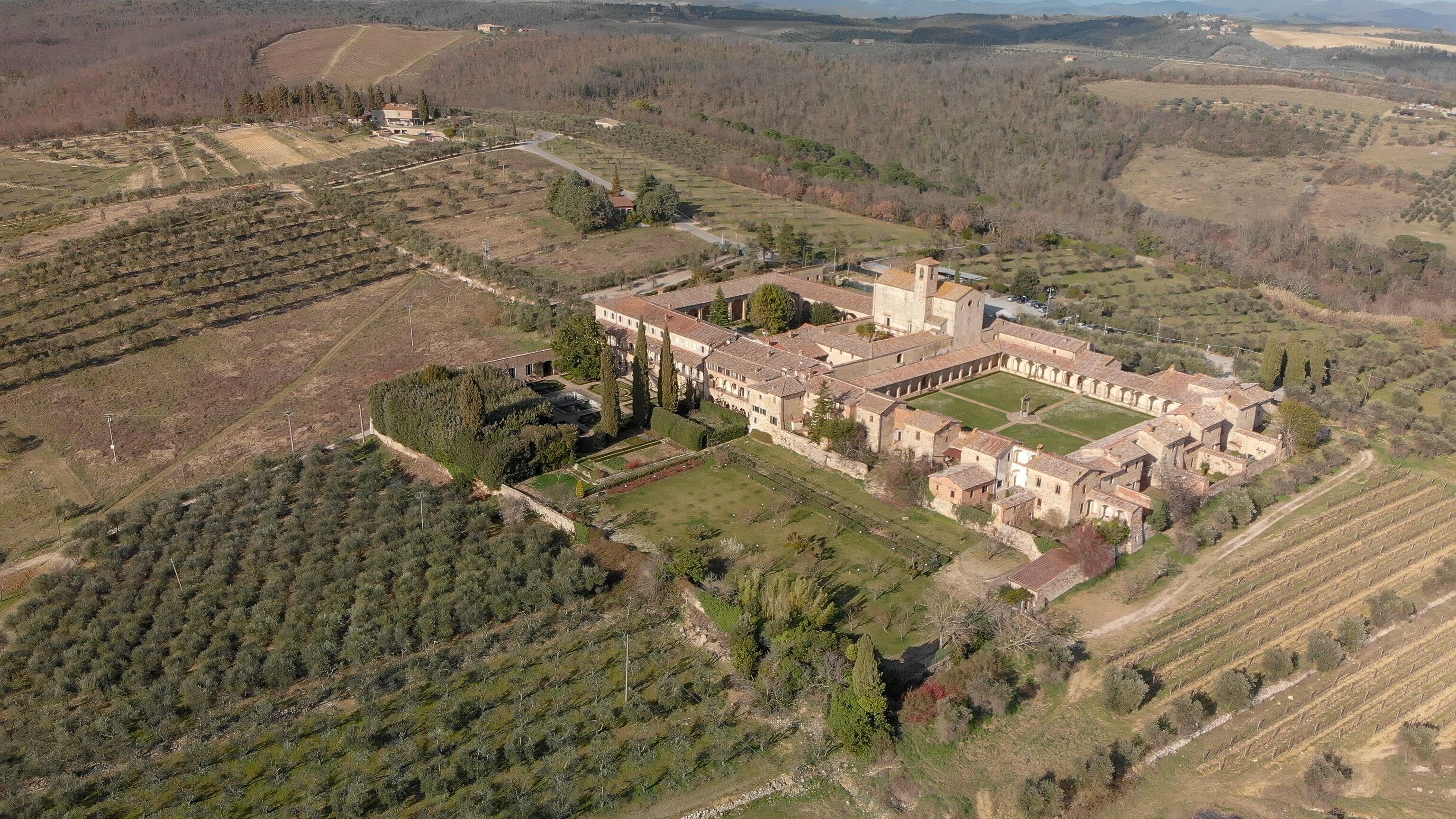 Amazing aerial view of Pontignano Charterhouse near Siena, Tuscany