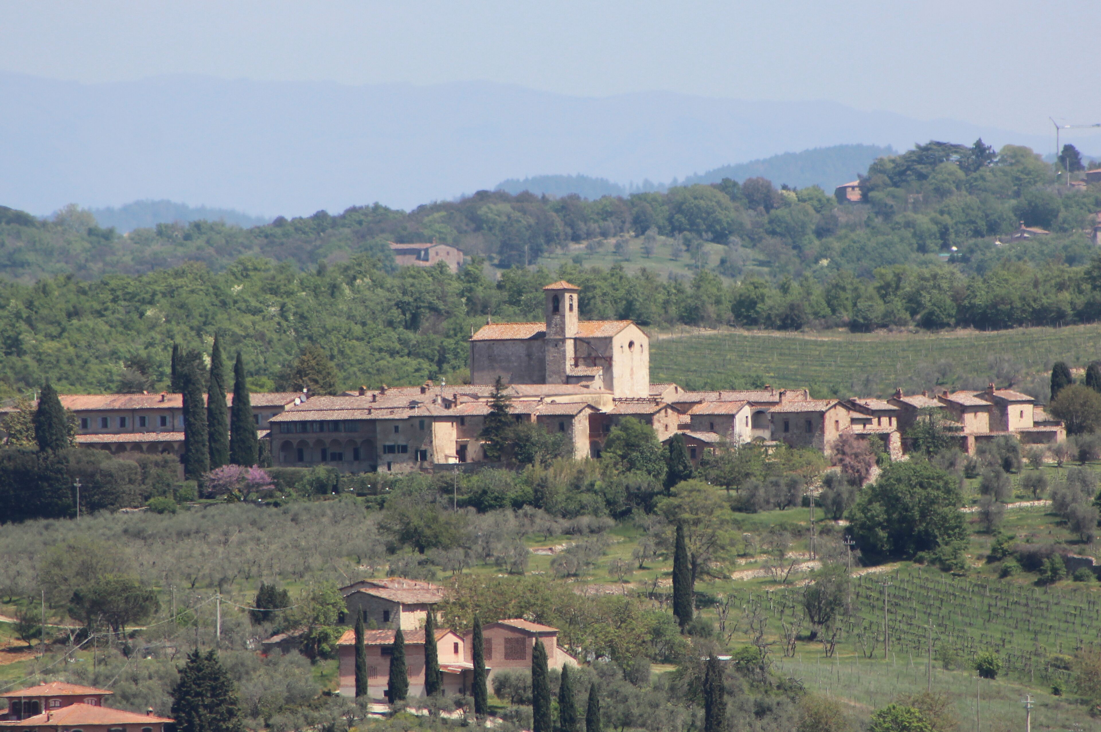 Panorama of the Ex monastery, Church and Charterhouse San Pietro a Pontignano, territory of Castelnuovo Berardenga, Province of Siena, Tuscany, Italy