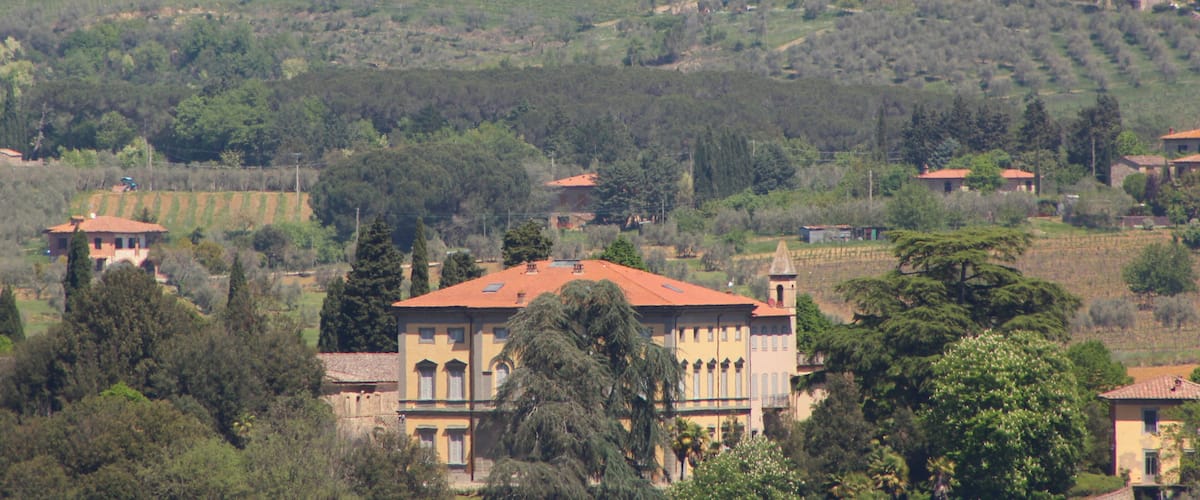 A rural landscape with rolling hills, vineyards, and traditional buildings with red-tiled roofs.