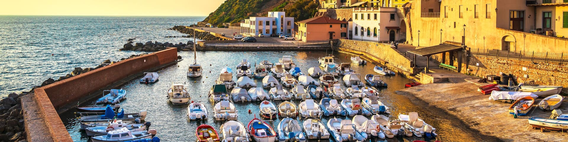 Marina of Piombino sunset view from piazza bovio.Tuscany Italy