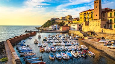 Marina of Piombino sunset view from piazza bovio.Tuscany Italy