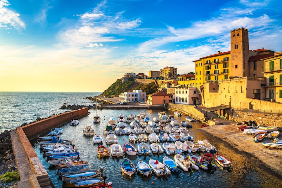 Marina of Piombino sunset view from piazza bovio.Tuscany Italy