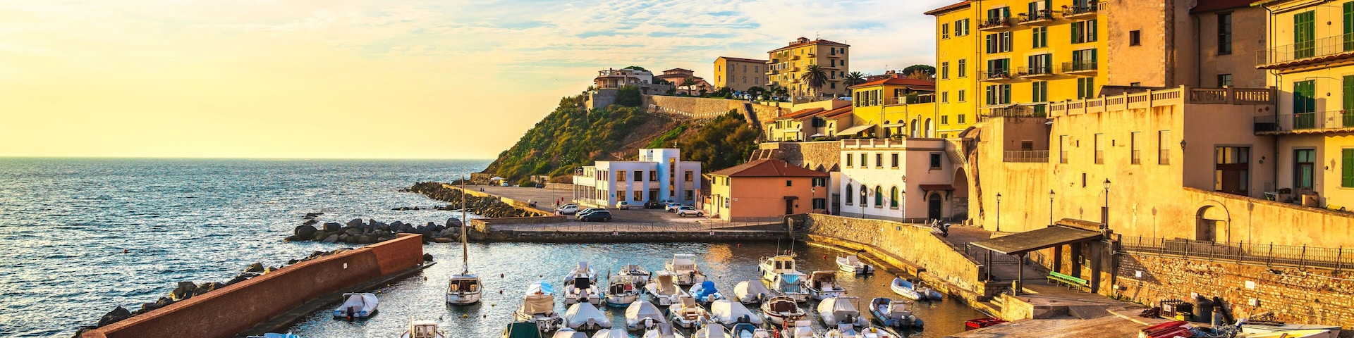 Marina of Piombino sunset view from piazza bovio.Tuscany Italy