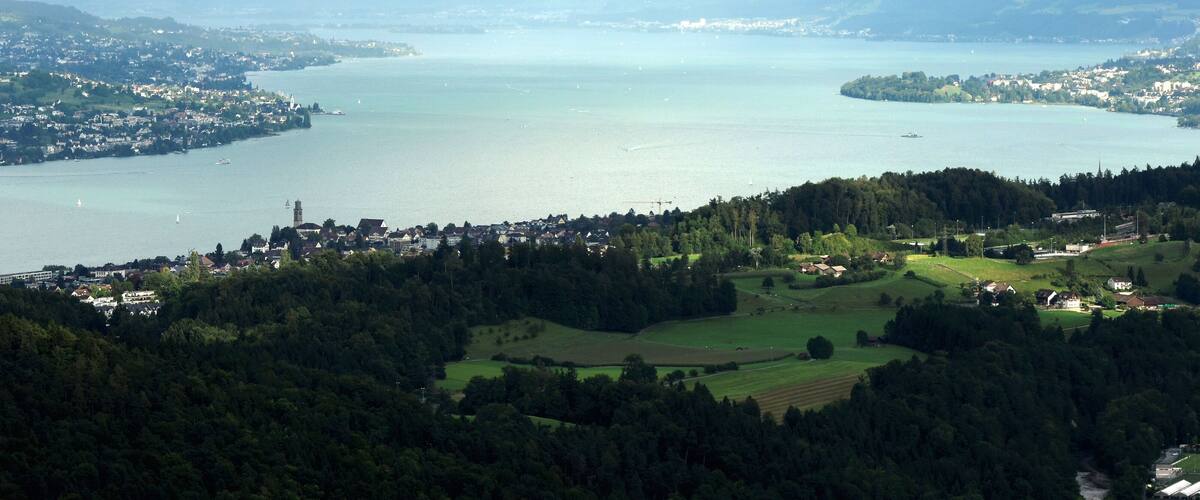 A panoramic view of a lake surrounded by hills and a town.