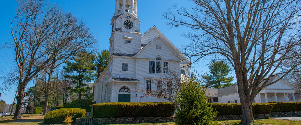 Trinitarian Congregational Church at 2 Pine Street in historic town center of Norton, Bristol County, Massachusetts MA, USA.