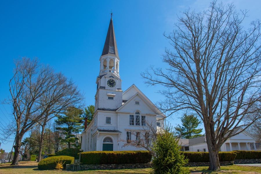 Trinitarian Congregational Church at 2 Pine Street in historic town center of Norton, Bristol County, Massachusetts MA, USA.