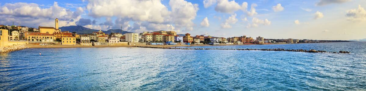 San Vincenzo beach and seafront panoramic view. Sea travel destination, Tuscany, Italy., Shutterstock ID 392333629, Purchase Order: -