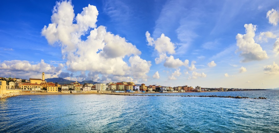 San Vincenzo beach and seafront panoramic view. Sea travel destination, Tuscany, Italy., Shutterstock ID 392333629, Purchase Order: -