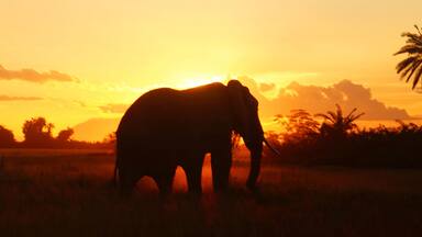 Silueta de un elefante contra un atardecer en un campo de hierba, con palmeras al fondo.