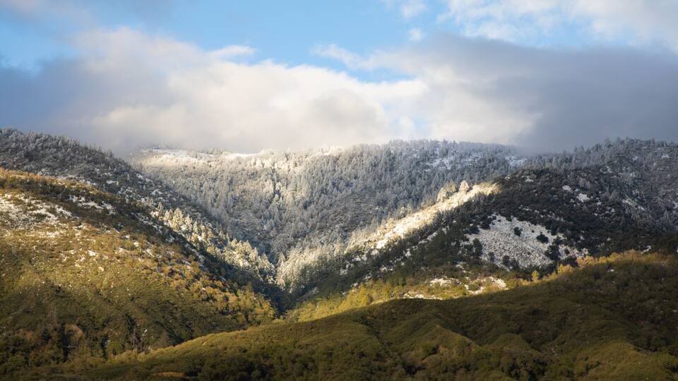A valley with snow-covered slopes and a forested landscape.