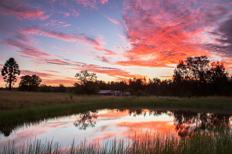 Beautiful sunset over Teds Hut and dam .Sedgefield near Singleton. Hunter Valley of N.S.W. Australia.