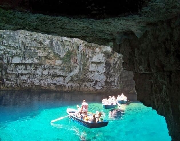 The cave is magically covered with stalactites, 160 meters long and 40 meters wide and reachable by small boats . The water is 39 meters deep. Main characteristic of the lake is the contrasting colors of the water when  the sunlight enters the cave from the open roof . Excavations in the lake discovered findings dated back to the 3rd and 4th century BC . The findings indicate the worship of the god Pan in the region. The findings show that the cave in ancient times was a place of worship, also called Cave of the Nymphs 
