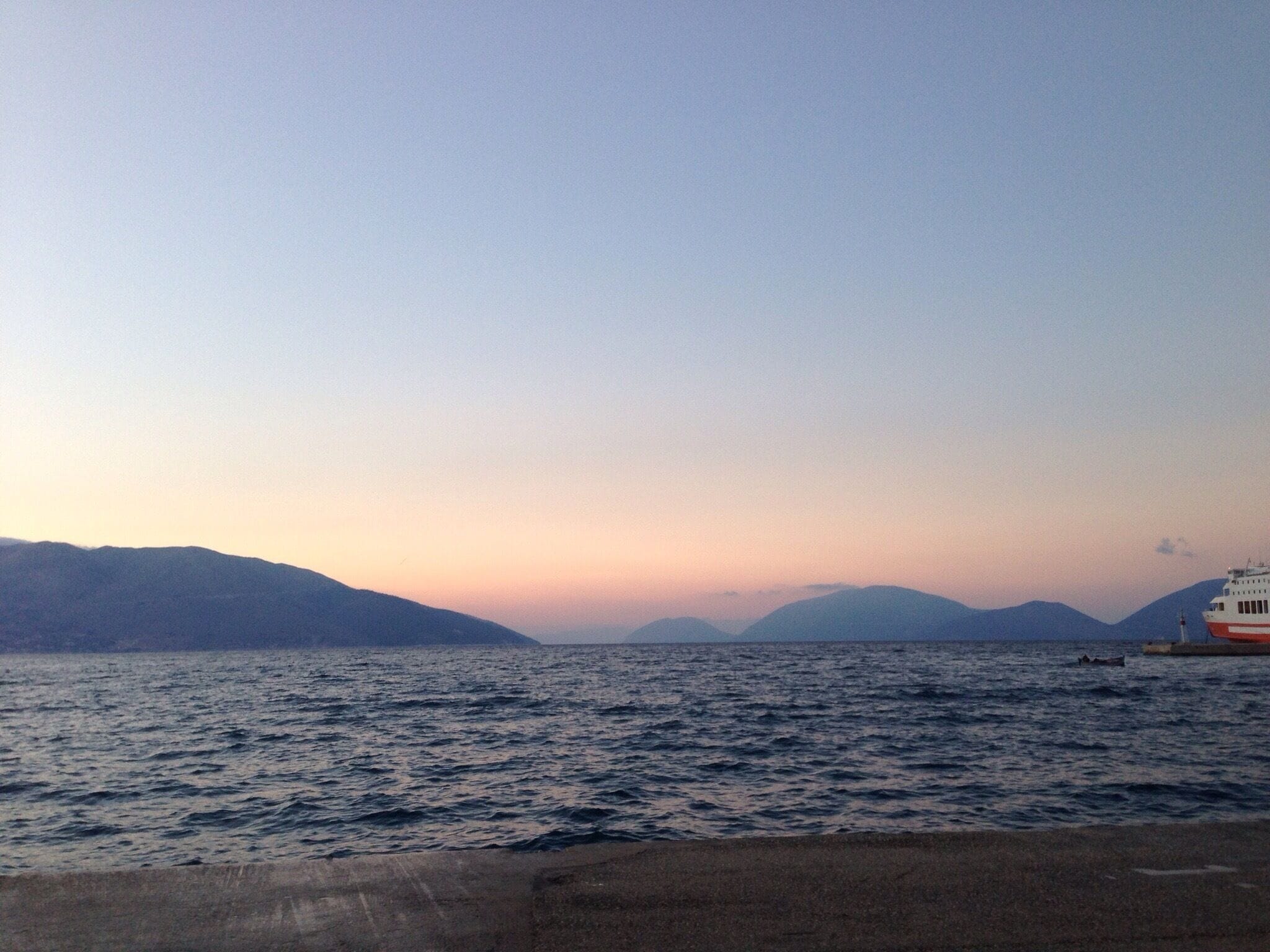 Waiting for the ferry to Ithaca at sunset. 