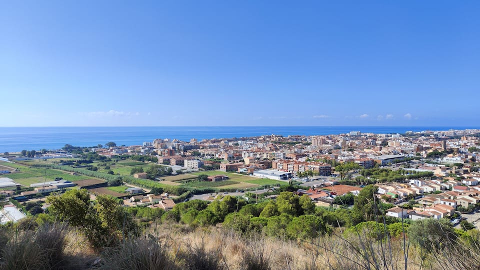 A coastal cityscape with a mix of residential buildings and green spaces.