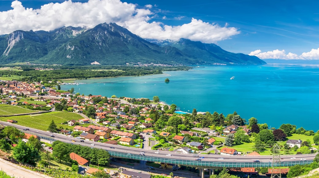 Panorama view of Montreux city with Swiss Alps, lake Geneva and vineyard on Lavaux region, Canton Vaud, Switzerland, Europe