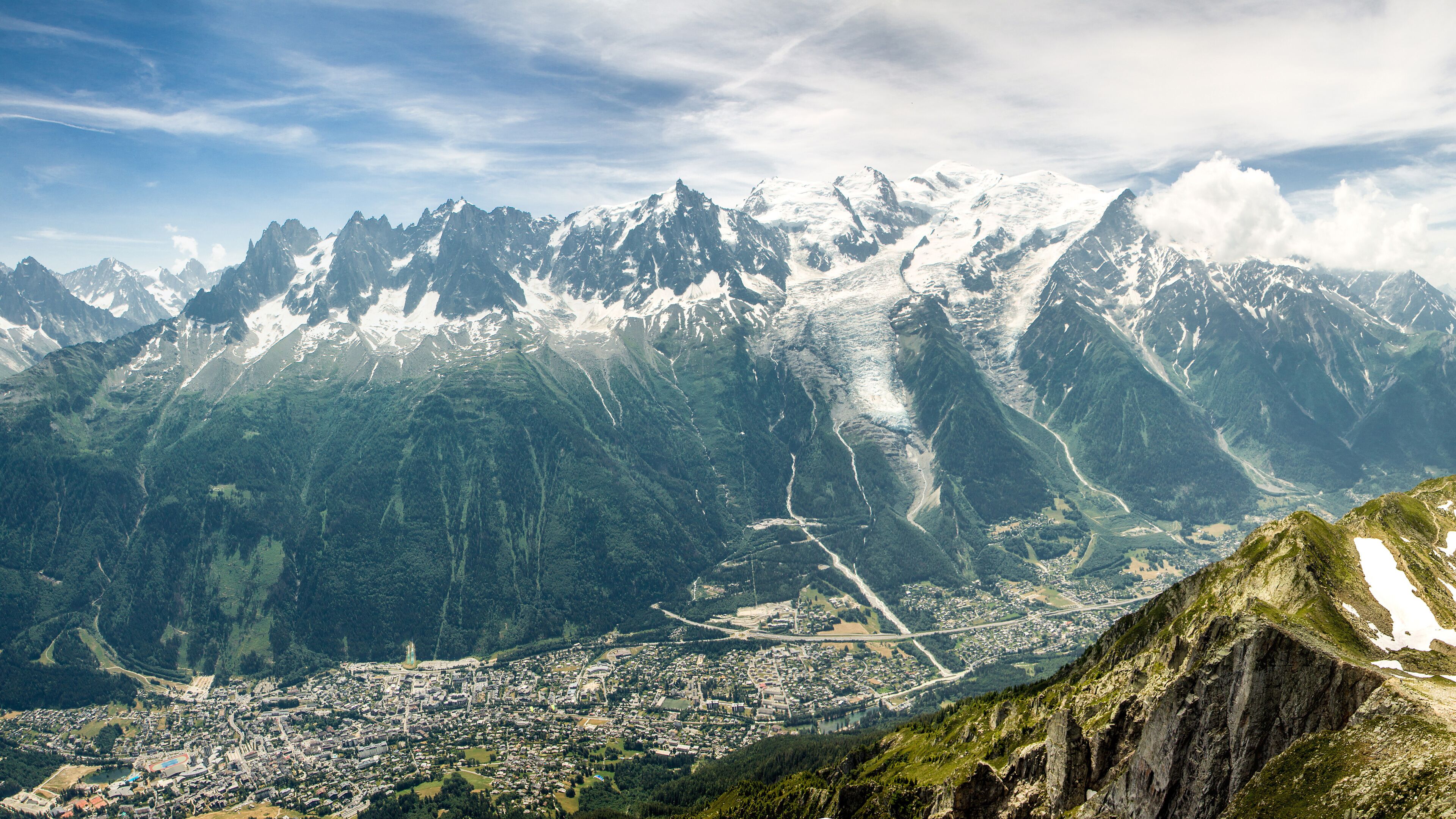 Panoramic view of Mont Blanc (4810 m) France - Chamonix below. Captured from Le Brévent. Monte Bianco is the highest summit of Western Europe situated between the French and the Italian Alps. HD, 4k