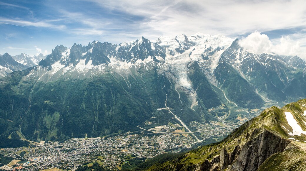 Panoramic view of Mont Blanc (4810 m) France - Chamonix below. Captured from Le Brévent. Monte Bianco is the highest summit of Western Europe situated between the French and the Italian Alps. HD, 4k