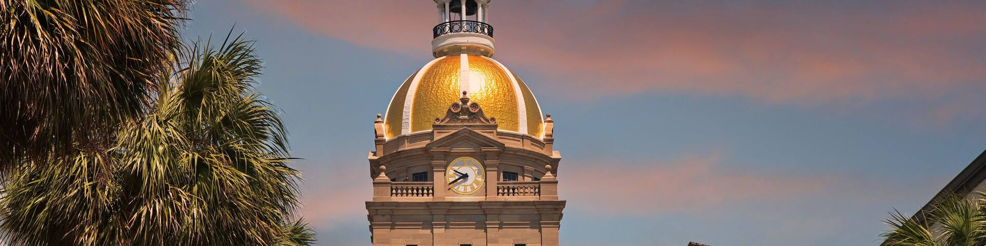 The famous gold domed city hall in Savannah, Georgia