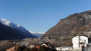 Panoramic view of Aosta valley (Valle d’Aosta) from Saint-Vincent in winter with Italian Alps in the background