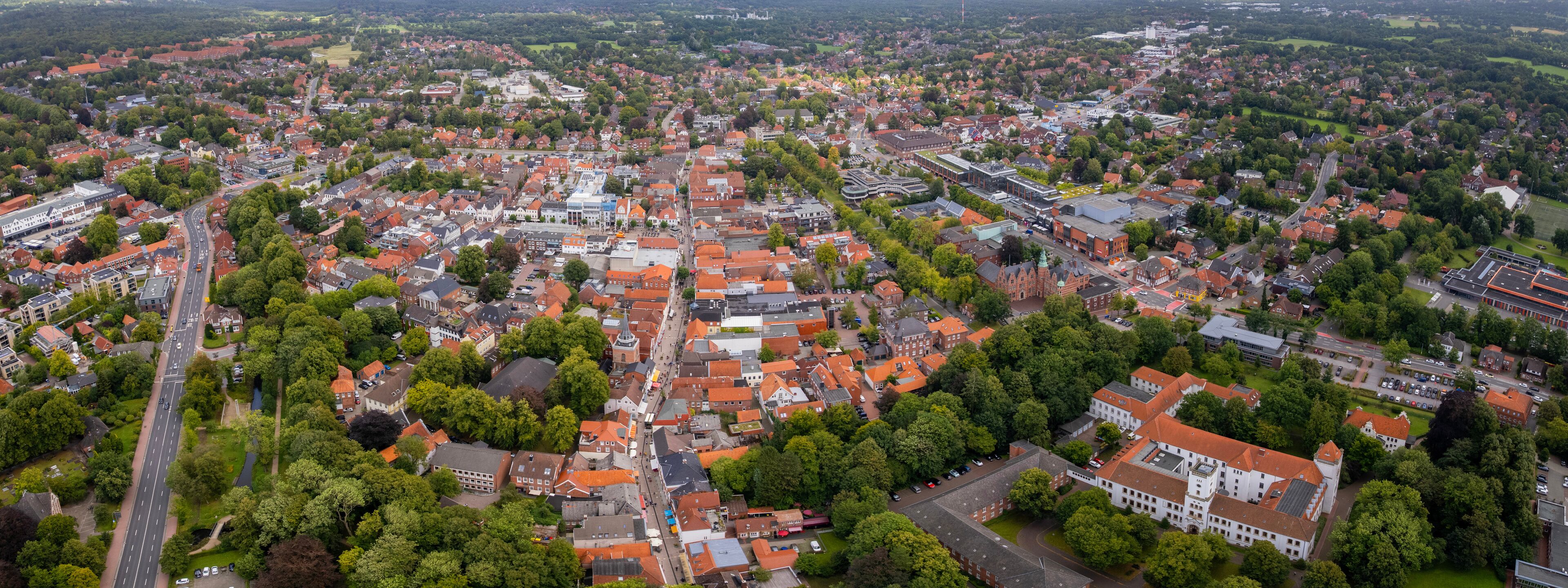 Aerial view of the old town of the city Aurich in Germany on a sunny spring morning