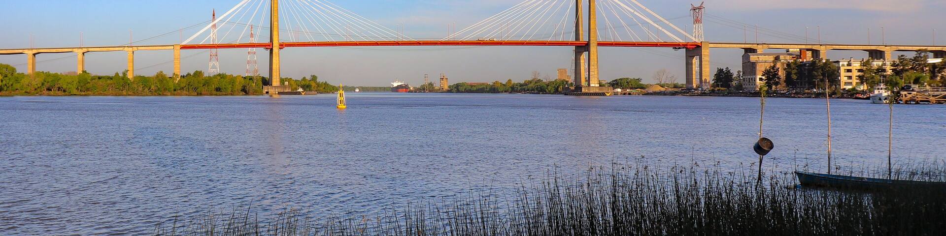 Panoramic view of the Zarate Brazo Largo bridge complex from the waterfront